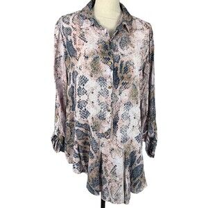 Como Vintage Slinky Snake Print Top 1/2 Button Hip Flare Tab Roll Sleeve Sz XL
